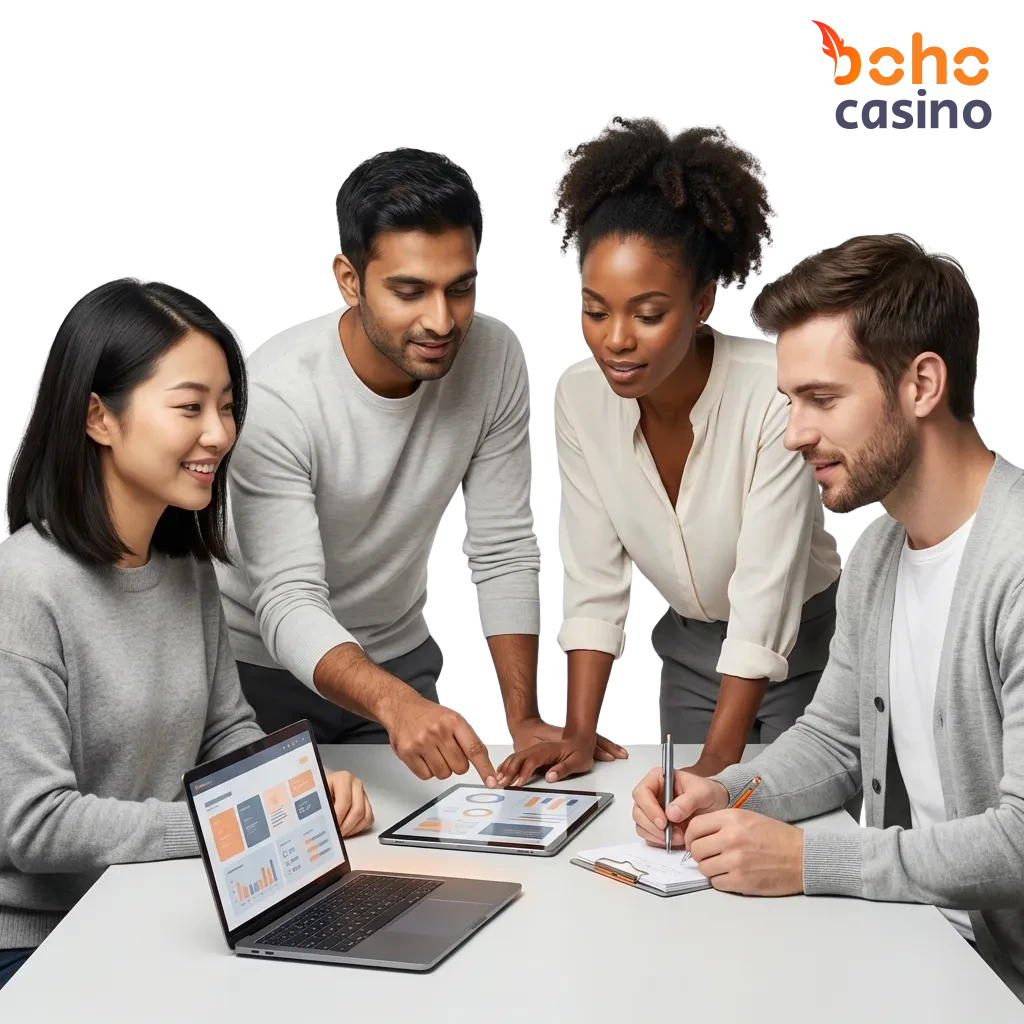 Boho Casino logo with gaming icons including poker chips, cards, and mobile devices on colorful background