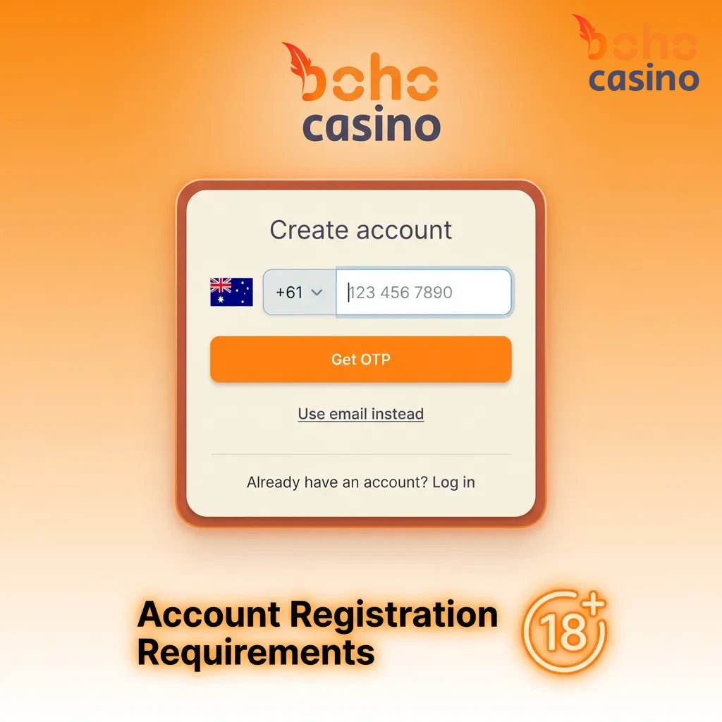 Registration form showing age verification, personal details, and terms acceptance for Australian casino account setup