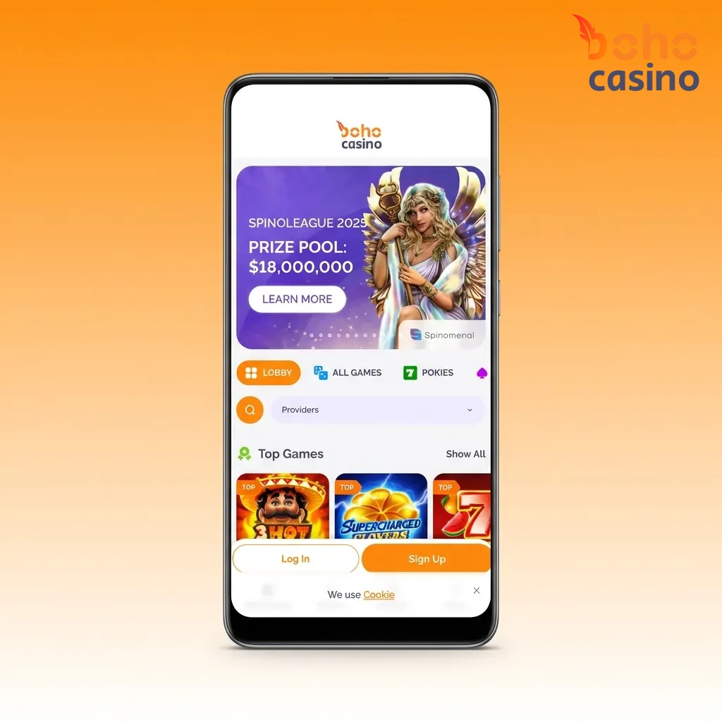 Modern Boho Casino app showing clean interface with bottom navigation menu for casino games and sports betting