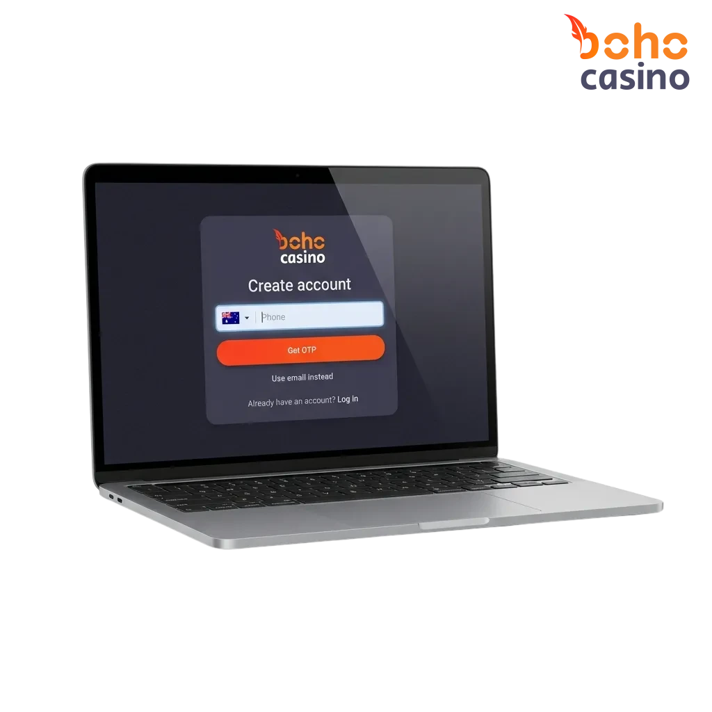 Boho Casino registration screen showing sign-up options for Australian players to access games and welcome bonus