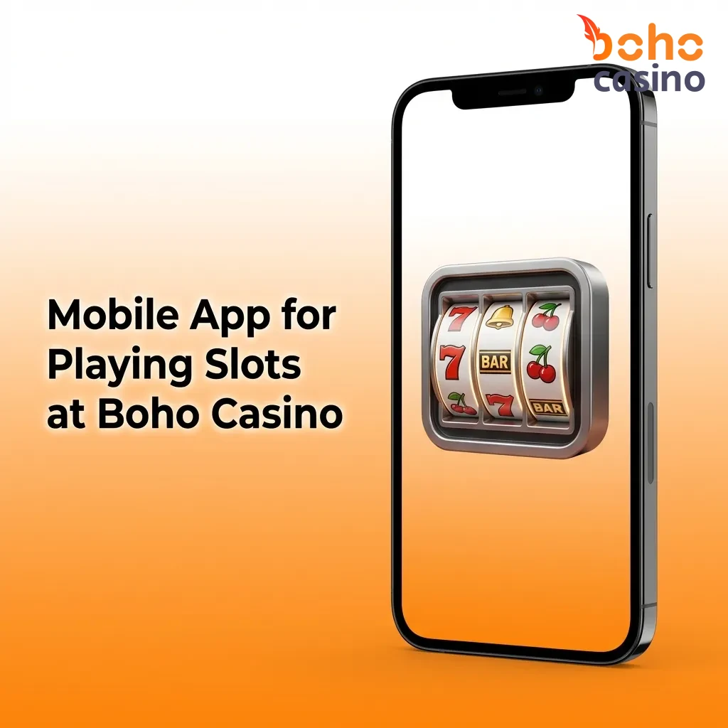 Smartphone displaying Boho Casino mobile app interface with slot game library and navigation menu on screen
