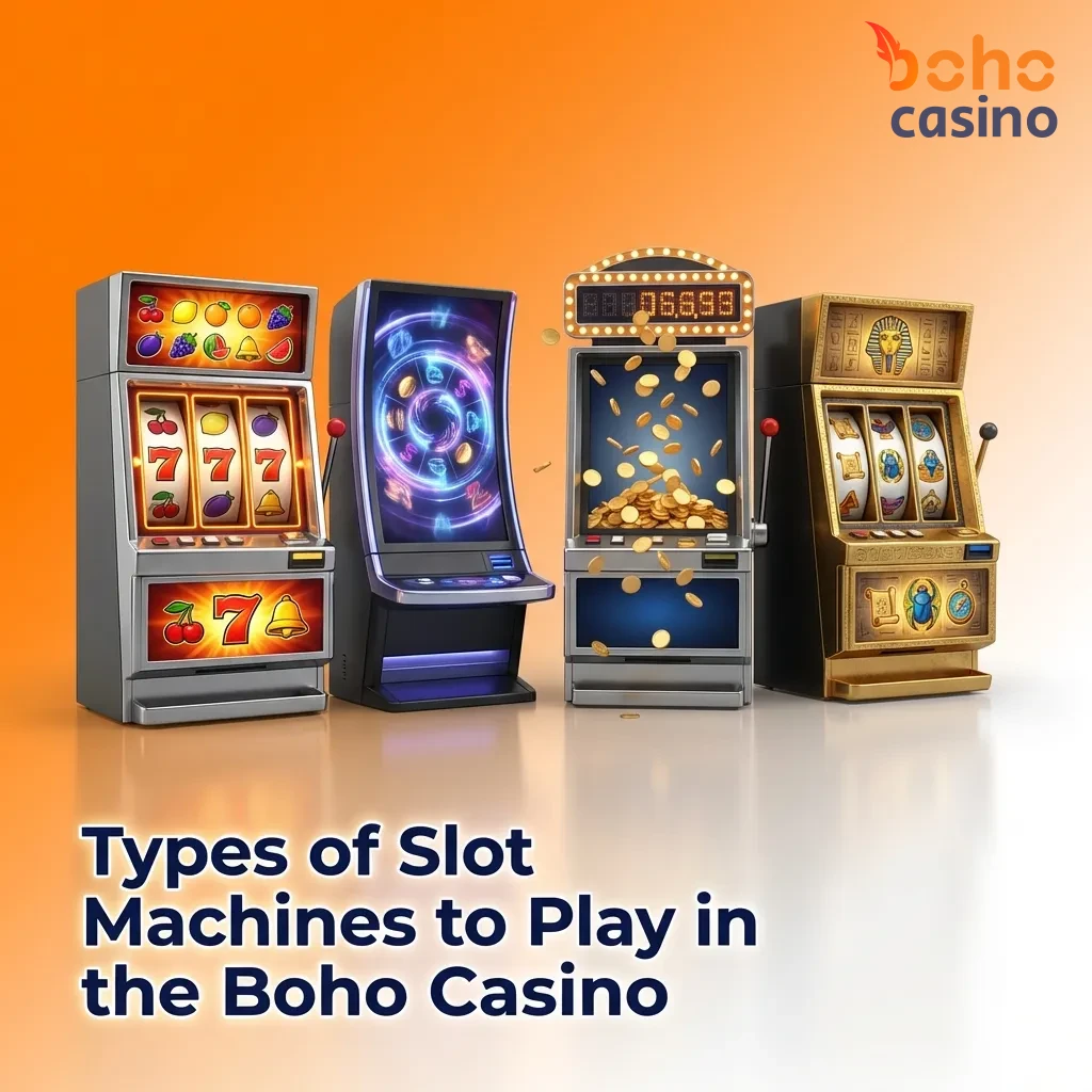 Variety of colorful slot machines at Boho Casino including classic, video, progressive jackpot, and branded game types