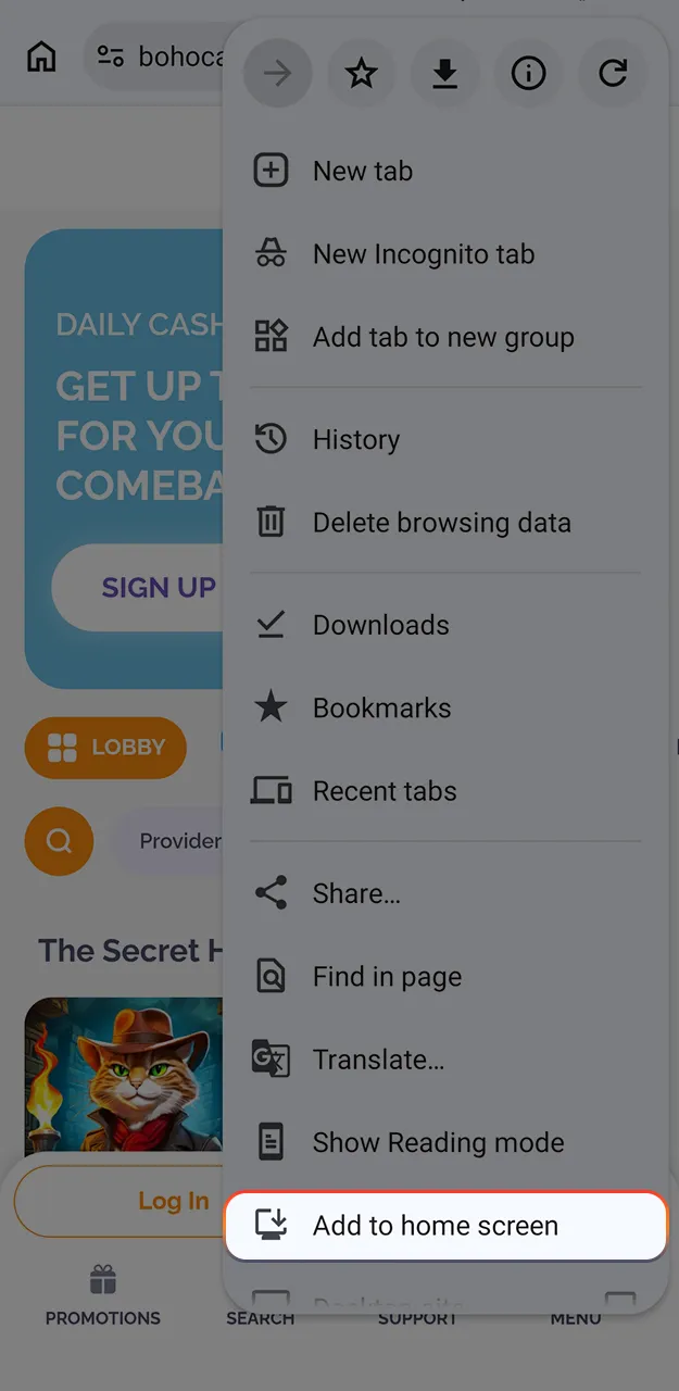 Start installing the Boho Casino app for Android.