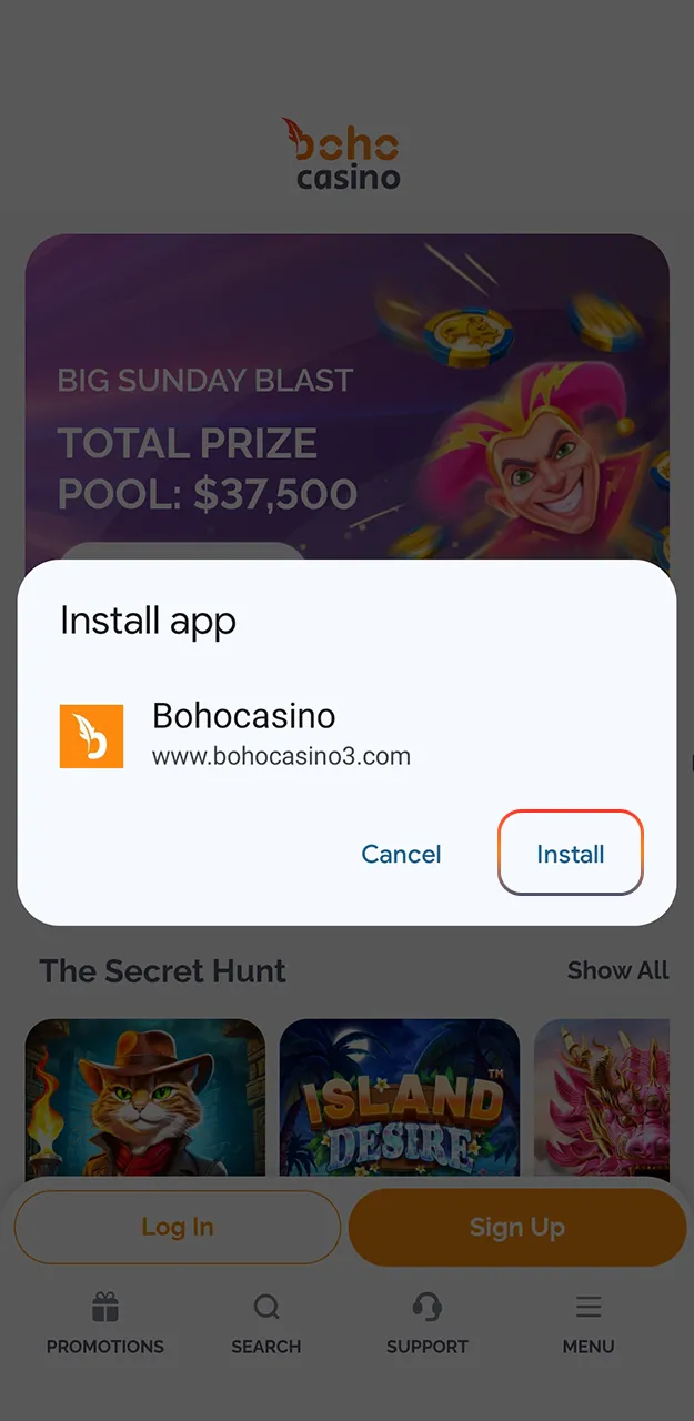 Complete the installation of the Boho Casino app.