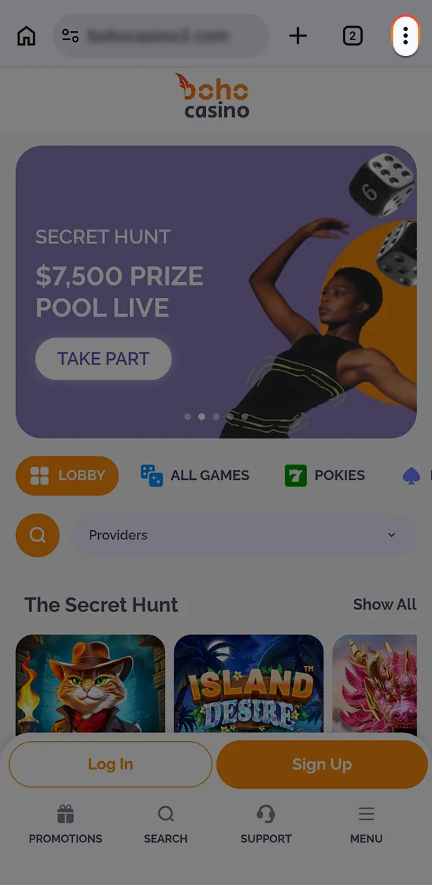 Open the menu tab in your browser to install the Boho Casino app.