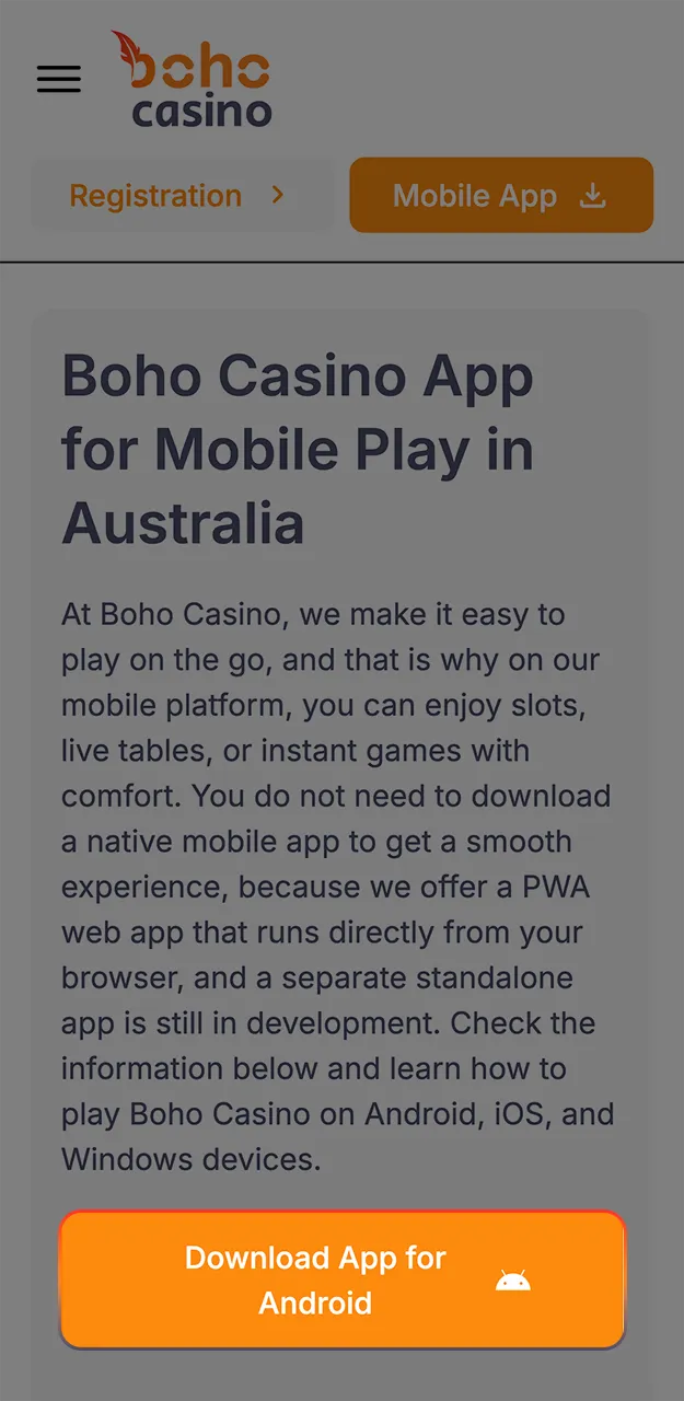 Use this direct link to download the Boho Casino app quickly.