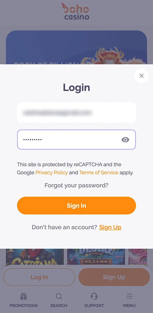 Enter your details and confirm your login in the Boho Casino app.