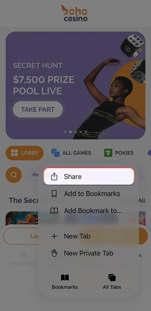Open the Safari menu and start installing the Boho Casino app.