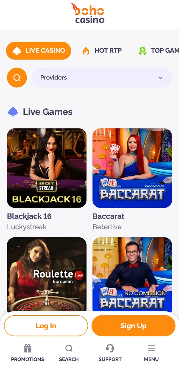Live casino games on the Boho Casino app.