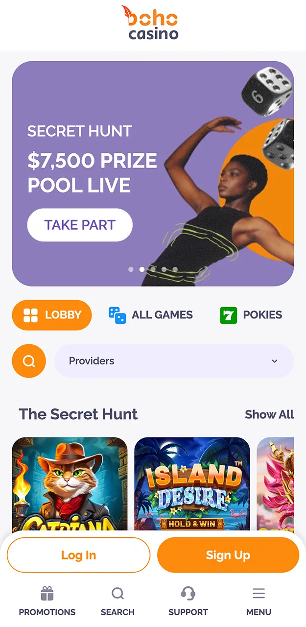 The home screen in the Boho Casino app.