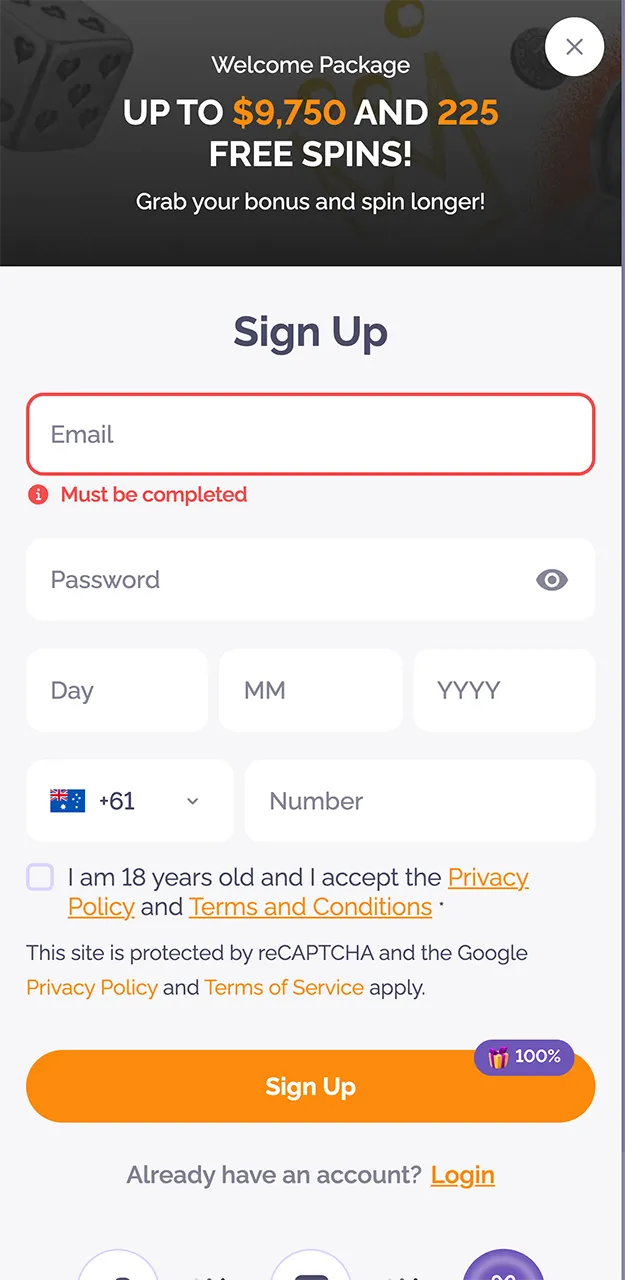 Boho Casino registration form.