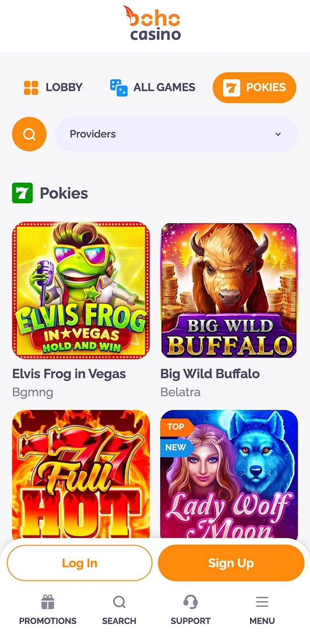Popular slots on the Boho Casino app.