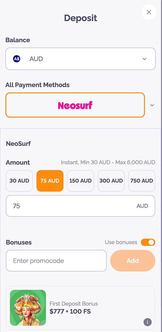 Select the Neosurf payment method to make a deposit on the Boho Casino website.