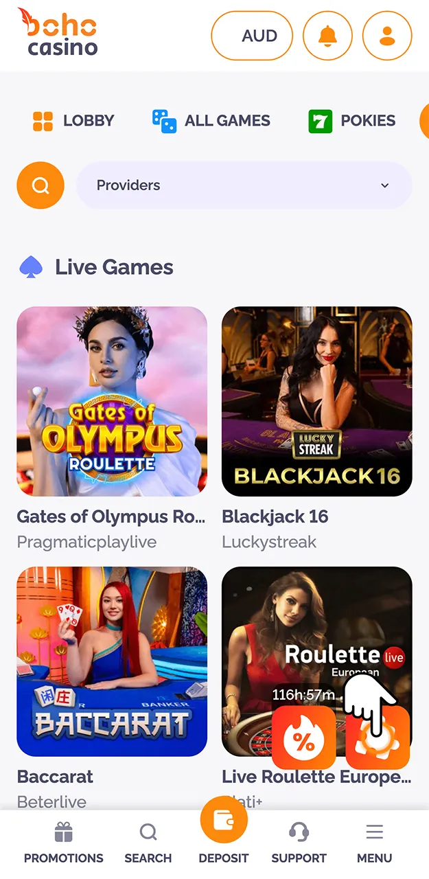 Select the game you’re interested in on the Boho Casino website.