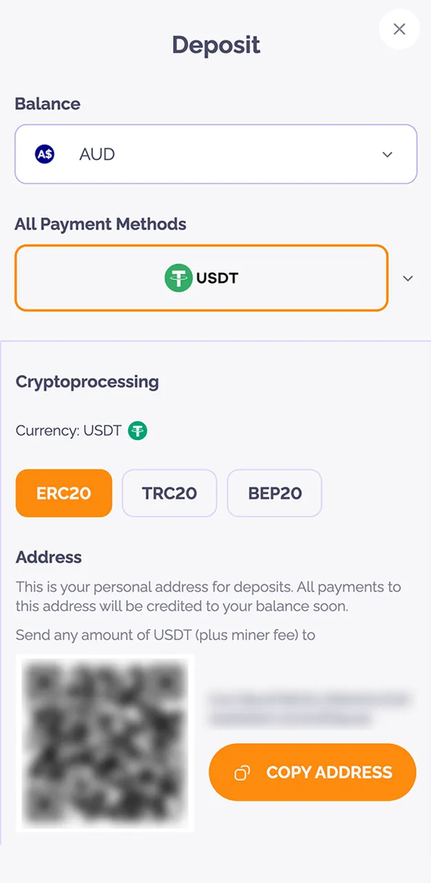 Select USDT as your cryptocurrency to top up your balance on the Boho Casino website.