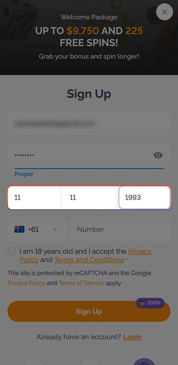 Please enter your exact date of birth, which is required when registering on the Boho Casino website.