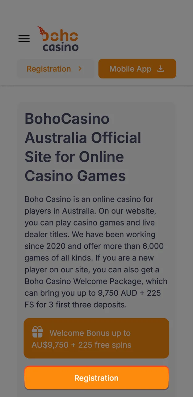Use this direct link to register quickly on the Boho Casino website.