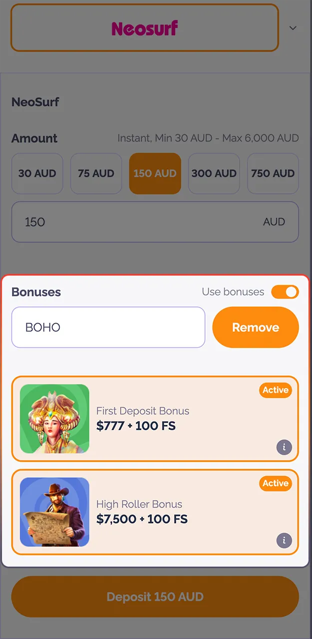 Select a bonus and enter the other details required to make a deposit on the Boho Casino website.