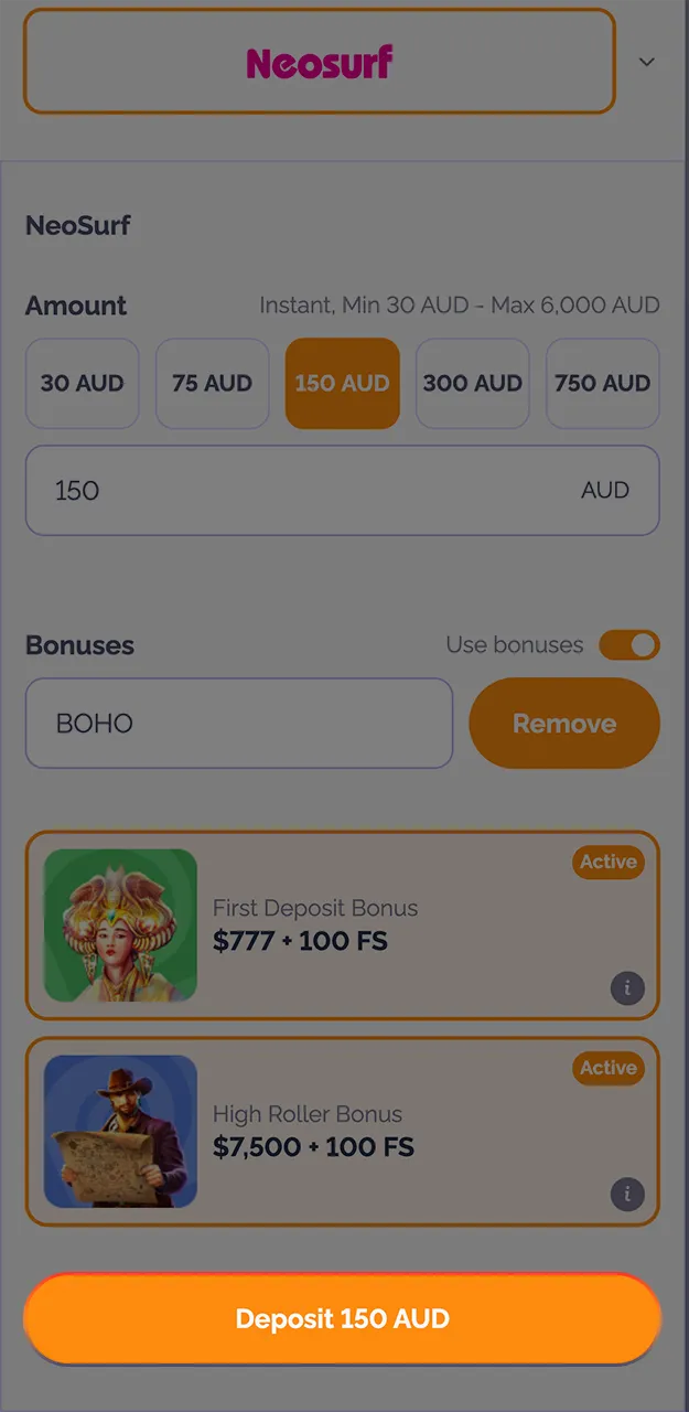 Complete your deposit and wait for the funds to be credited to your account on the Boho Casino website.