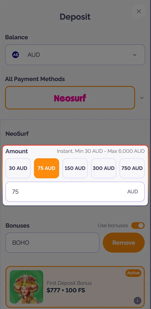 Select the desired deposit amount in the Boho Casino app.
