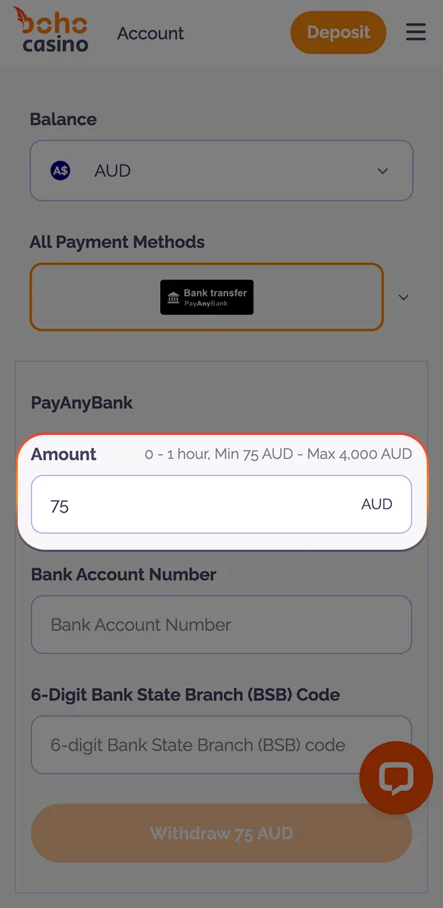 Select the amount you wish to withdraw and enter it in the form on the Boho Casino website.