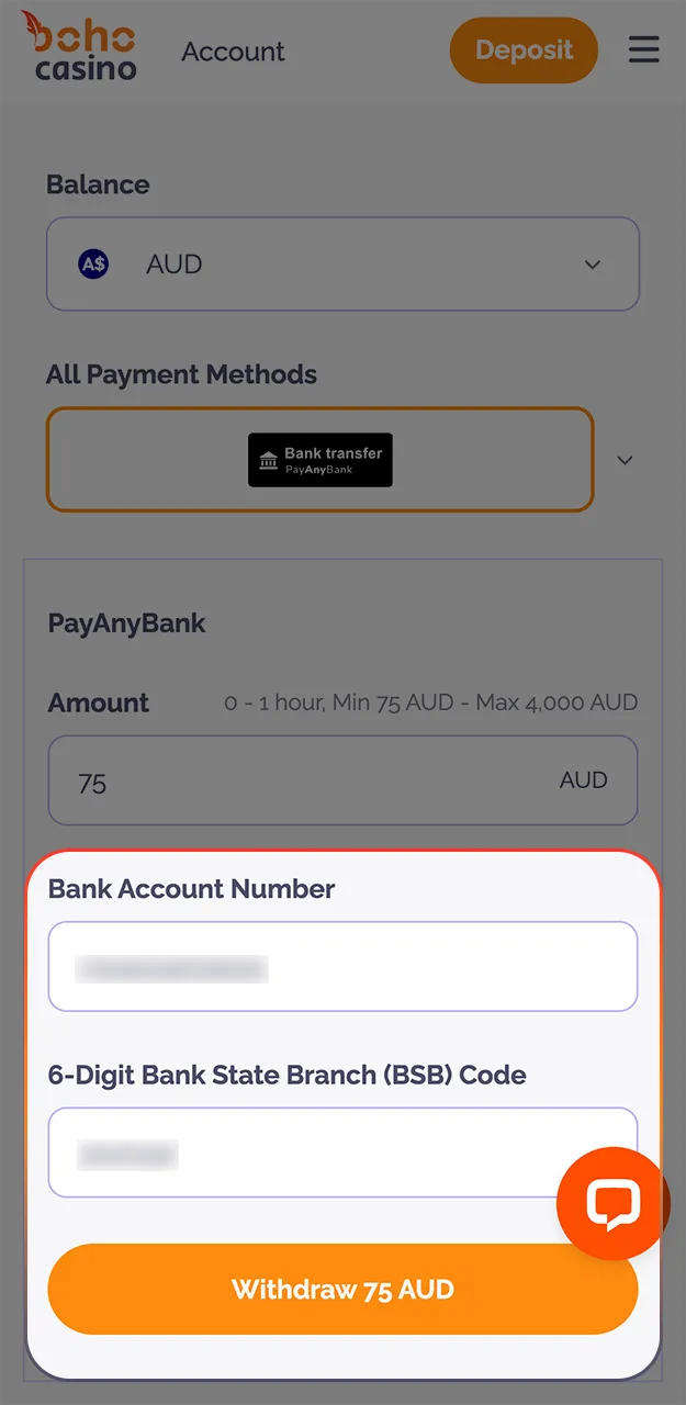 Enter the required details and complete the withdrawal process on the Boho Casino website.