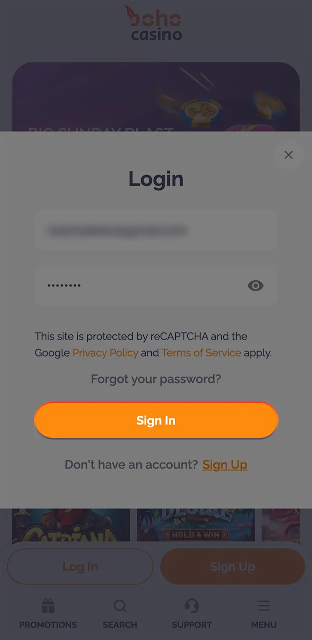 Complete the login process on the Boho Casino website.