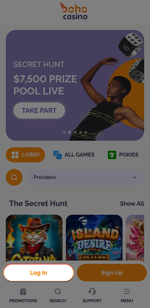 Open the login form in the Boho Casino app.