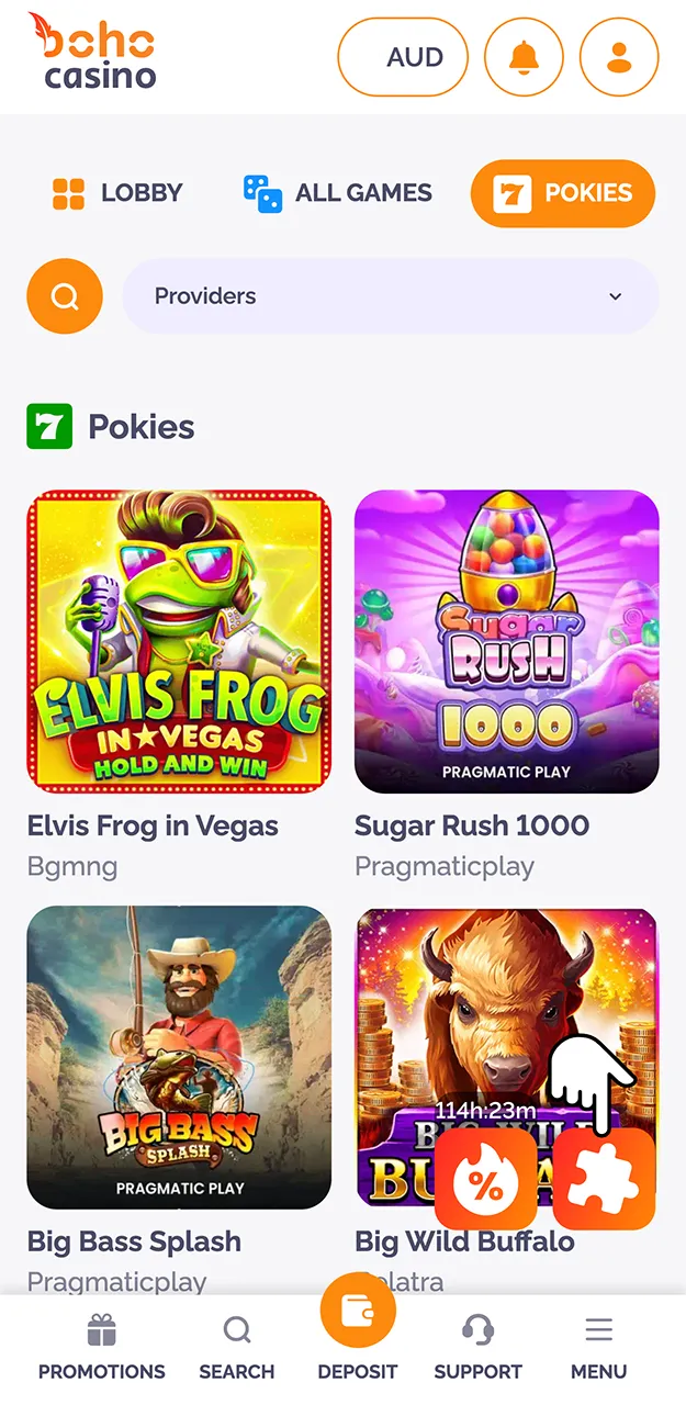 Select the game Elvis Frog in Vegas on the Boho Casino website and place your first bet.